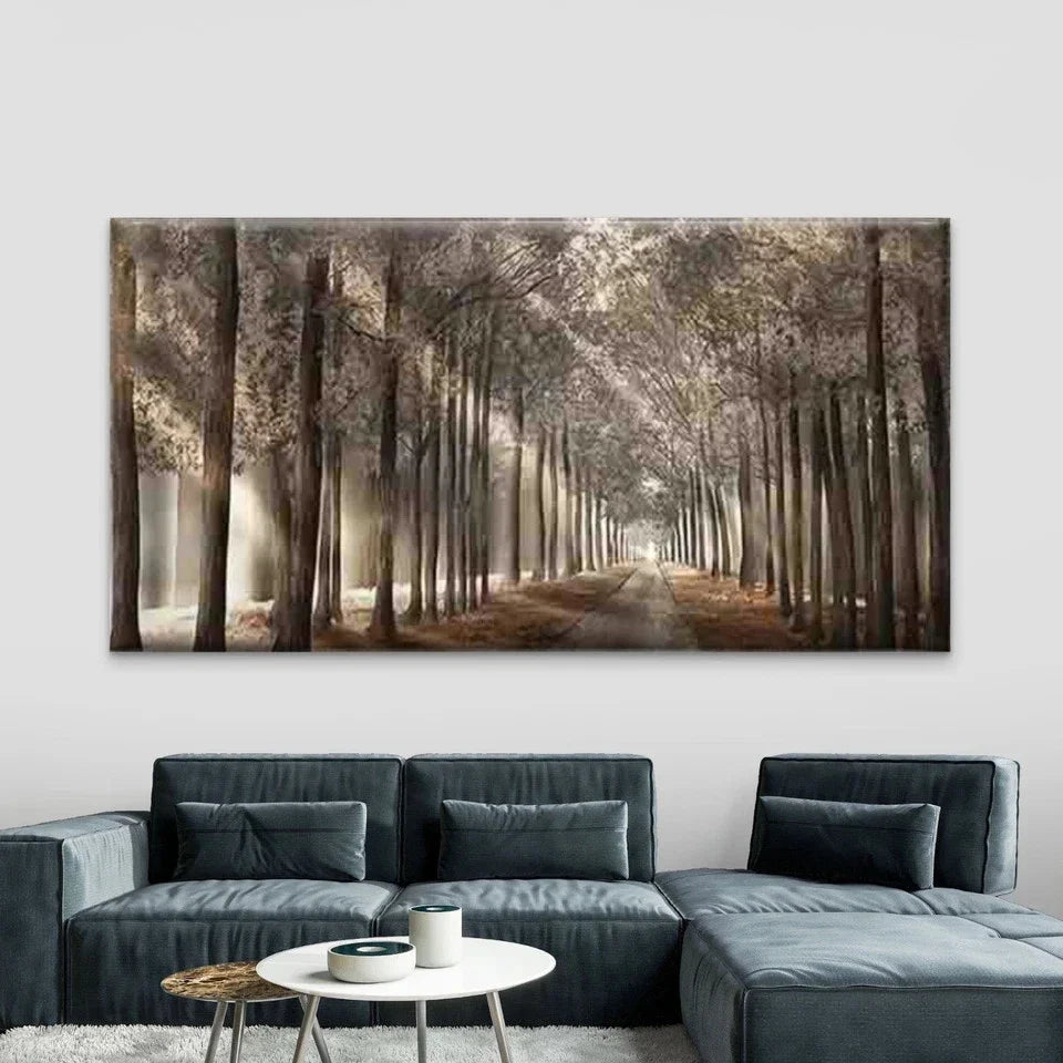 Misty Trees and Sunlit Pathway Wall Art Canvas Office Home Room Framed 120x60cm