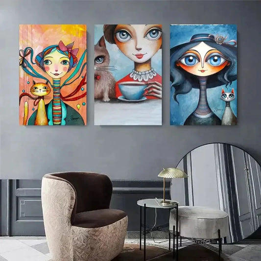 3pcs Colorful Abstract Characters with Whimsical Metal Print Ready to Hang Art