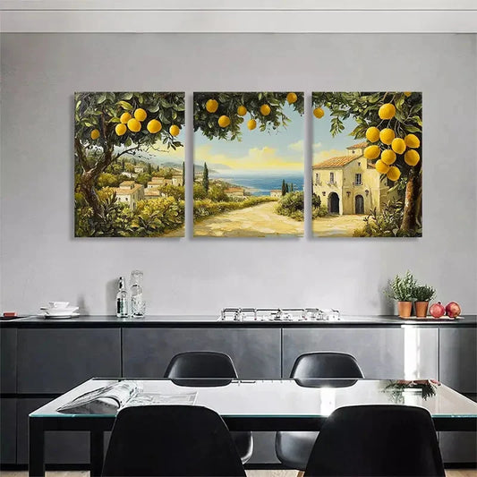 3pcs Mediterranean Landscape Lemon Tree Perfect Wall Art Set Canvas Framed 40x60cm - High Quality Print 100% Australian Made Wall Canvas Ready to Hang