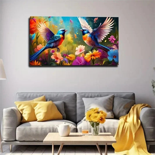 Vibrant Floral Birds Wall Art Canvas Office Home Room Framed 80x45cm