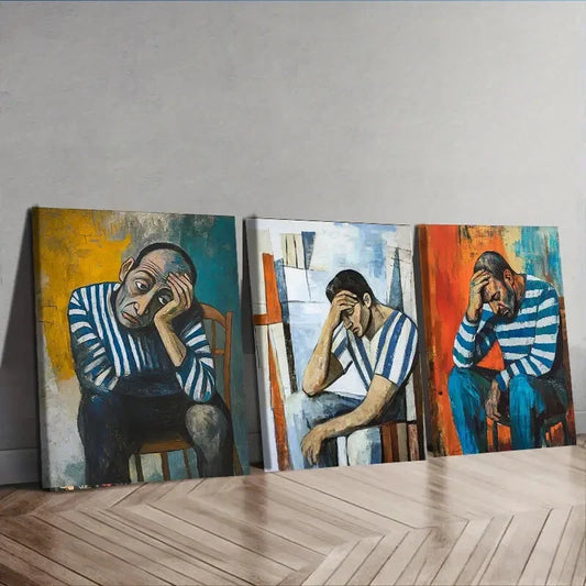 3pcs Striped Shirt Man Painting Sad Darkness Wall Art Set Canvas Framed 40x60cm - High Quality Print 100% Australian Made Wall Canvas Ready to Hang