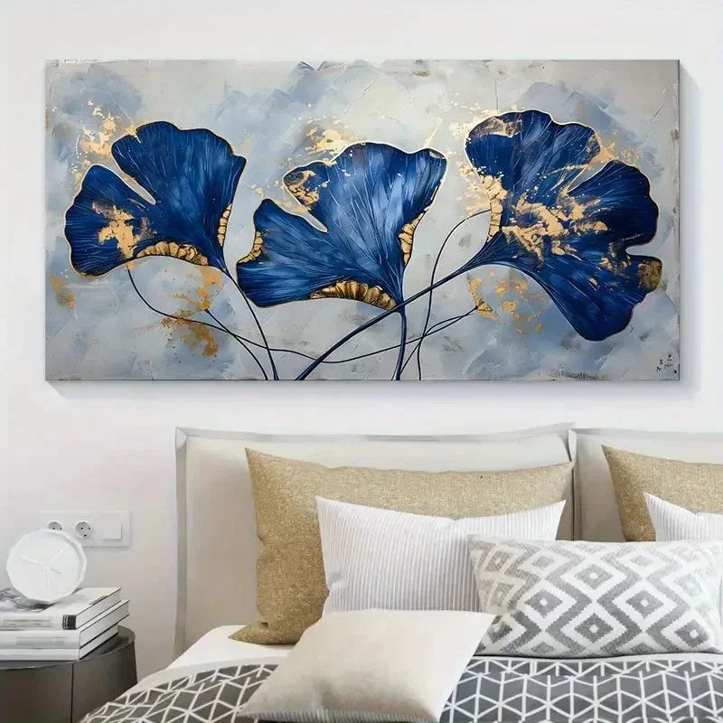 Dark Blue & Golden Foil Ginkgo Wall Art Canvas Office Home Room Framed 120x60cm