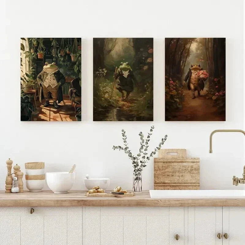 3pcs Hobbit Amphibian & Botanist Frog Wall Art Set Canvas Framed 40x60cm - High Quality Print 100% Australian Made Wall Canvas Ready to Hang
