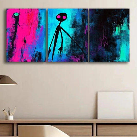 3pcs Black Neon Pink Blue Themed Metal Print Ready to Hang Art