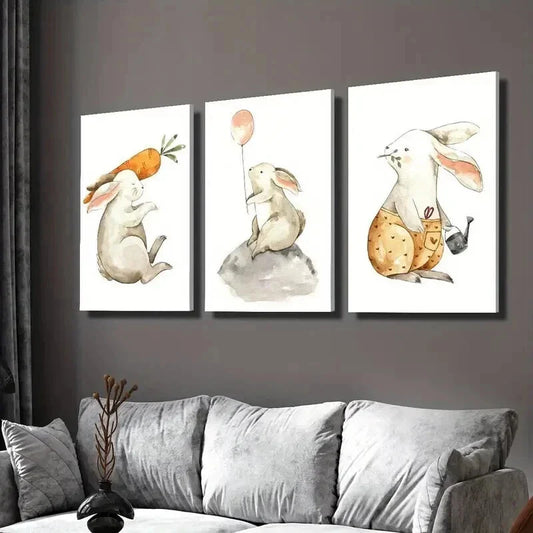 3pcs Rabbits with Carrot & Balloon Wall Art Set Canvas Framed 40x60cm - High Quality Print 100% Australian Made Wall Canvas Ready to Hang