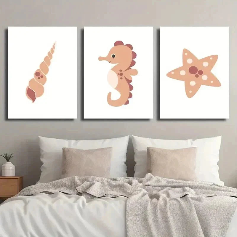 3pcs Cute Seahorse Spiral Shell Starfish Wall Art Set Canvas Framed 40x60cm - High Quality Print 100% Australian Made Wall Canvas Ready to Hang