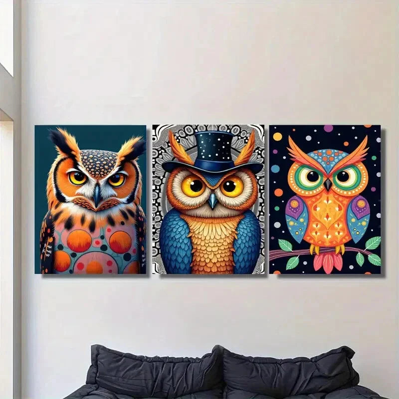 3pcs Vibrant Modern Colorful Owl Metal Print Ready to Hang Art