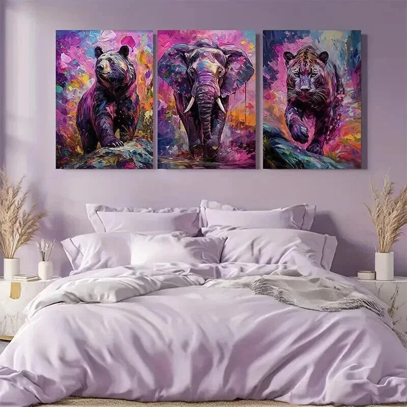 3pcs Colorful Bear Elephant And Leopard Wall Art Set Canvas Framed 40x60cm - High Quality Print 100% Australian Made Wall Canvas Ready to Hang
