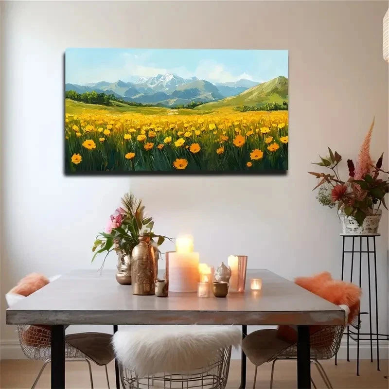 Vibrant Yellow Field Snow Wall Art Canvas Office Home Room Framed 120x60cm