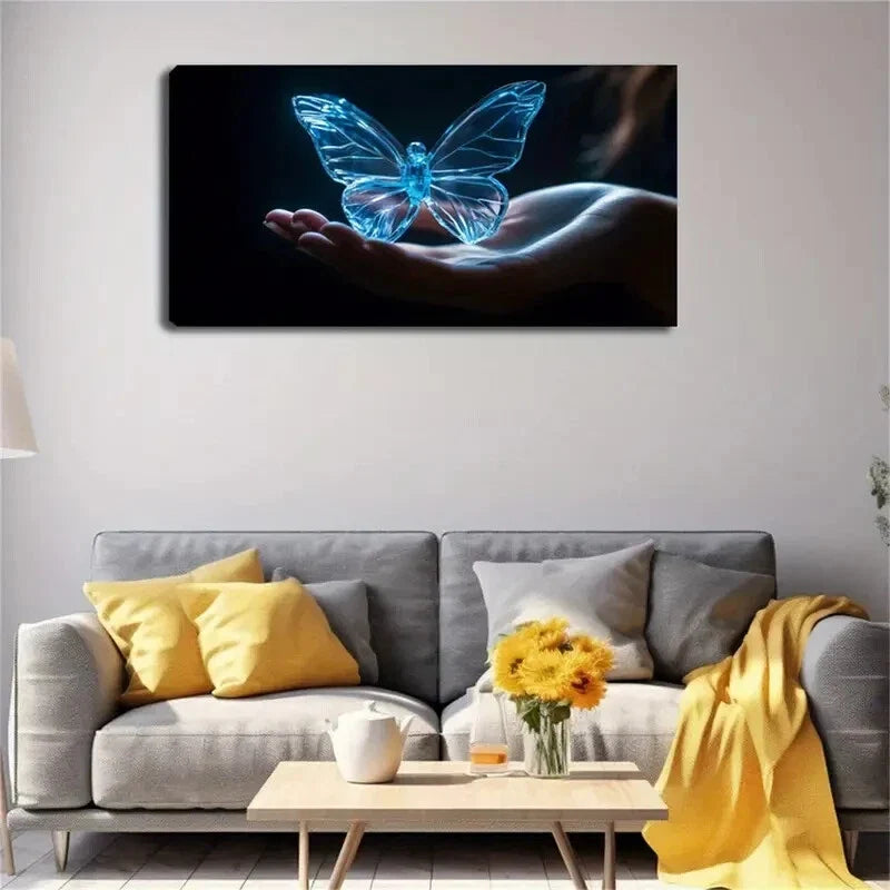 Blue Transparent Butterfly Wall Art Canvas Office Home Room Framed 120x60cm