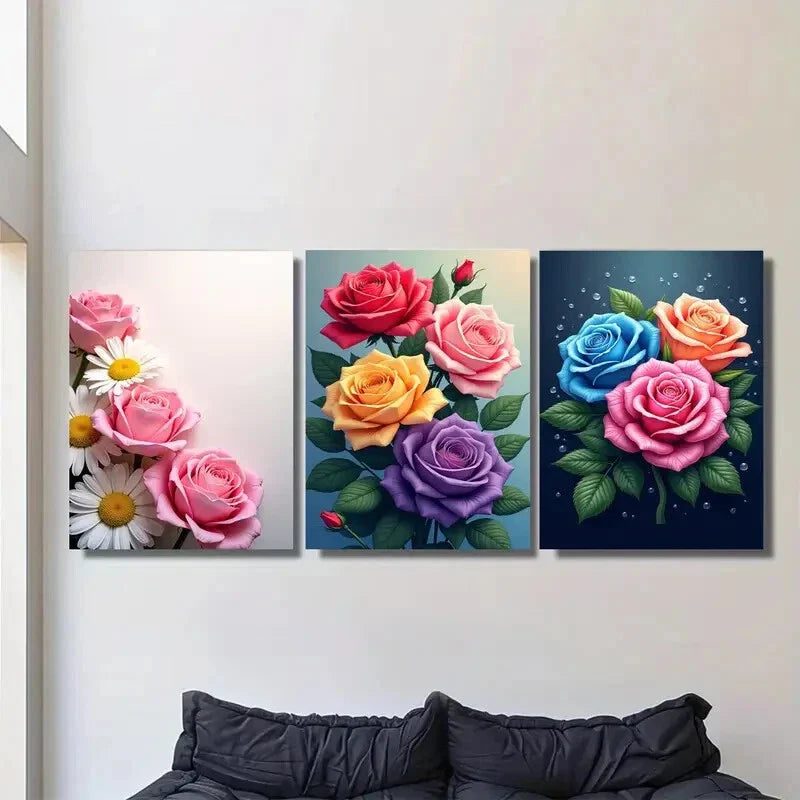 3pcs Colorful Rose and Daisy Beautiful Floral Metal Print Ready to Hang Art