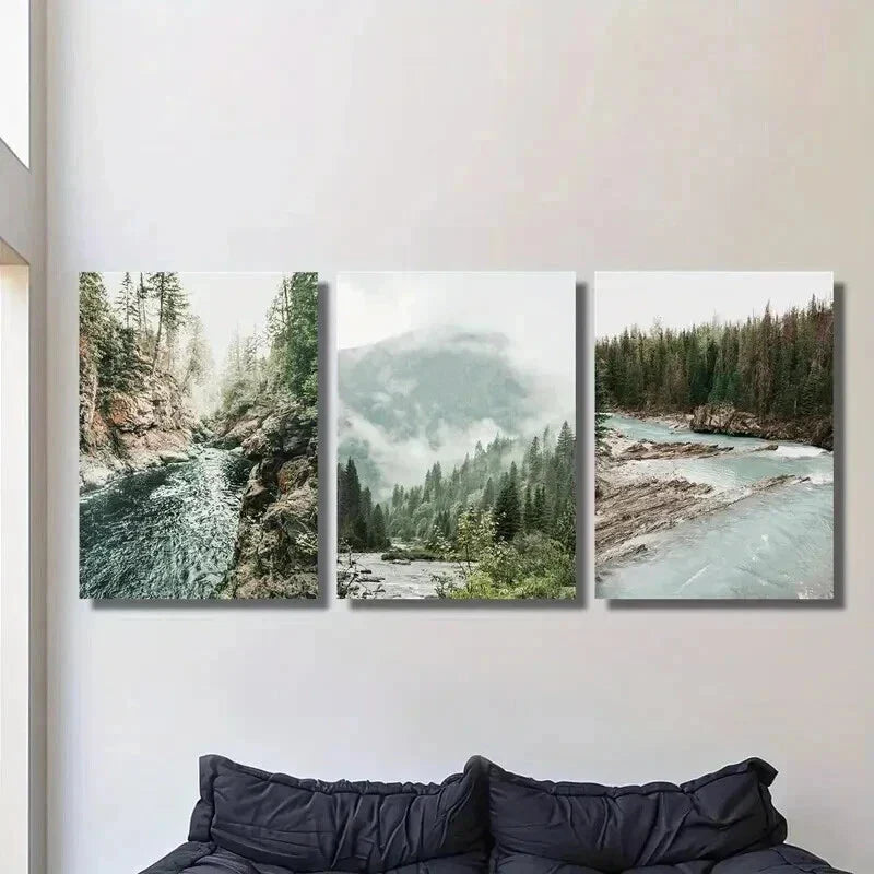 3pcs Misty Mountains & Pine Trees Landscape Wall Art Set Canvas Framed 40x60cm - High Quality Print 100% Australian Made Wall Canvas Ready to Hang