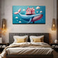 Whimsical Whale & Wall Art Canvas Office Home Room Framed 80x45cm