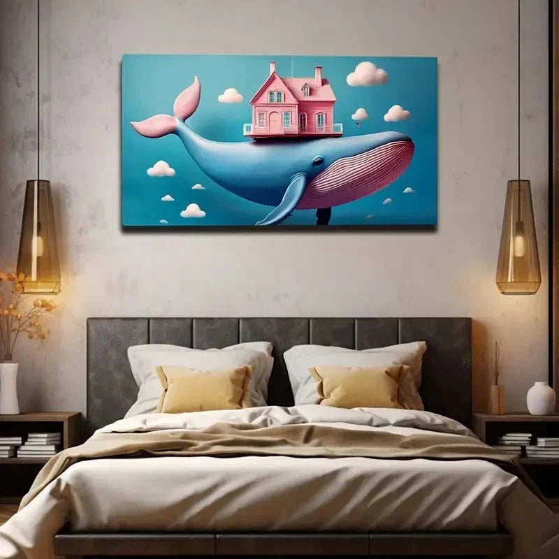 Whimsical Whale & Wall Art Canvas Office Home Room Framed 80x45cm