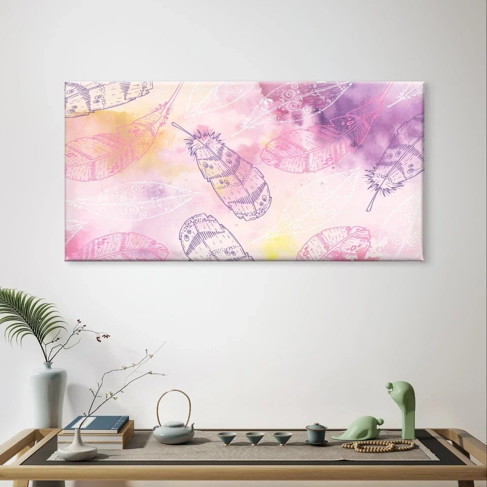 Pink Feather Watercolour Pattern Wall Art Canvas Office Home Framed 120x60cm