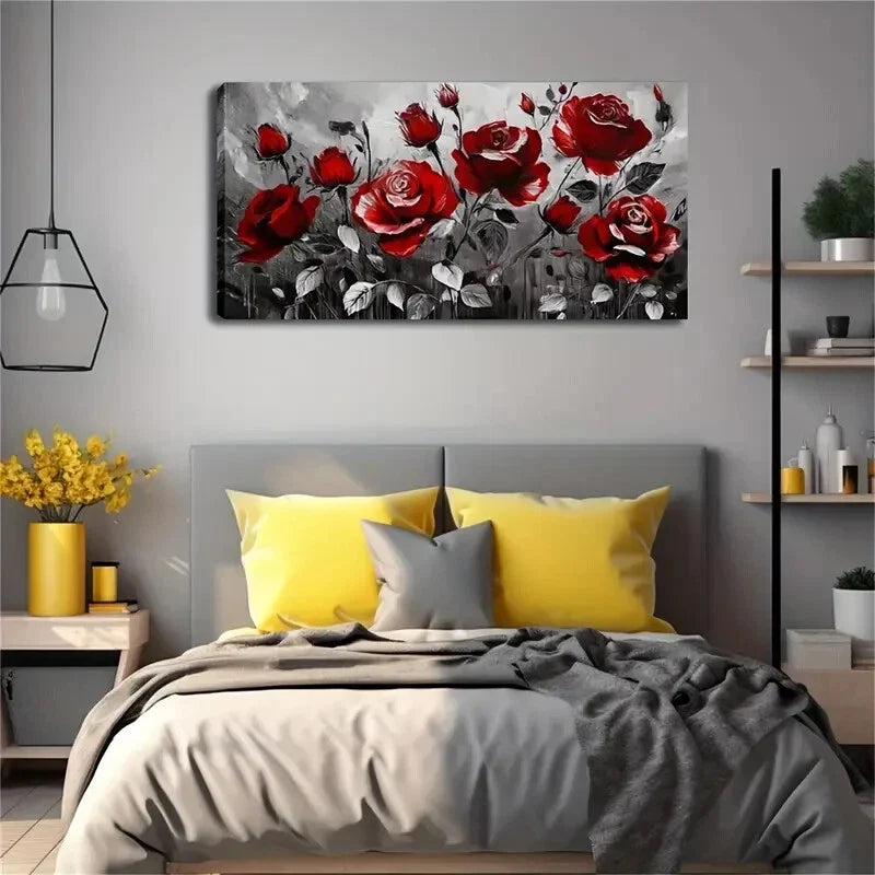 Many Blooming Red Roses Buds Wall Art Canvas Office Home Room Framed 120x60cm