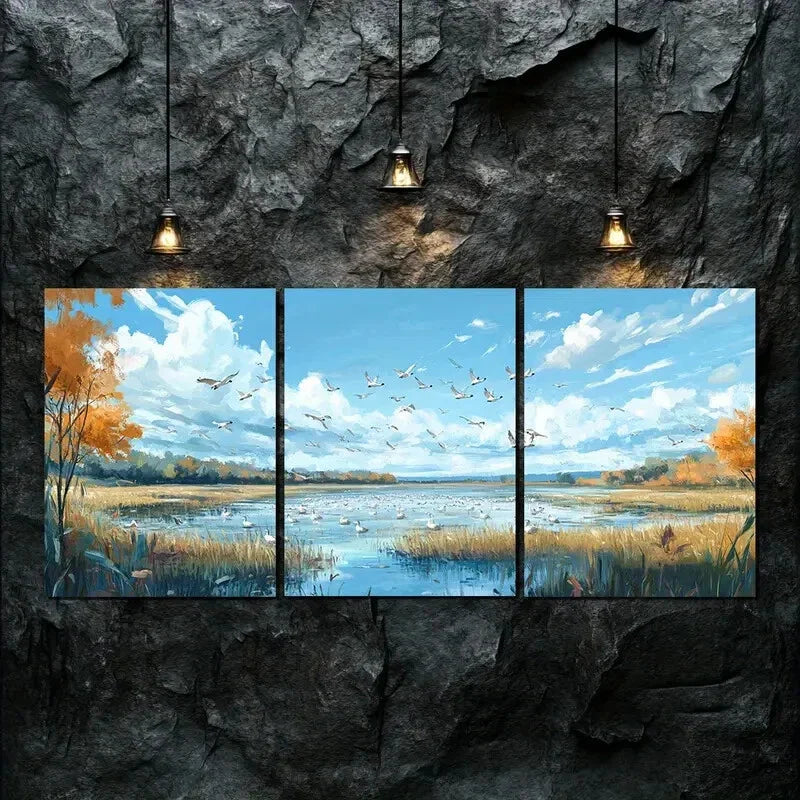 3pcs Peaceful Nature Lake Birds Fly Perfect Wall Art Set Canvas Framed 40x60cm - High Quality Print 100% Australian Made Wall Canvas Ready to Hang