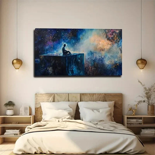 Cosmic Scene Meditating Figure Wall Art Canvas Office Home Room Framed 120x60cm