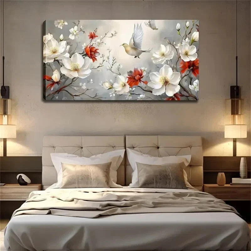 White Magnolia And Red Flowers Wall Art Canvas Office Home Room Framed 80x45cm