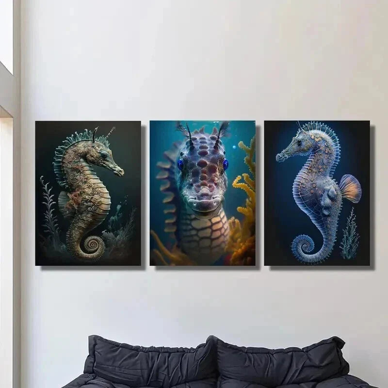 3pcs Seahorse Swimming in Water Wall Art Set Canvas Framed 40x60cm - High Quality Print 100% Australian Made Wall Canvas Ready to Hang