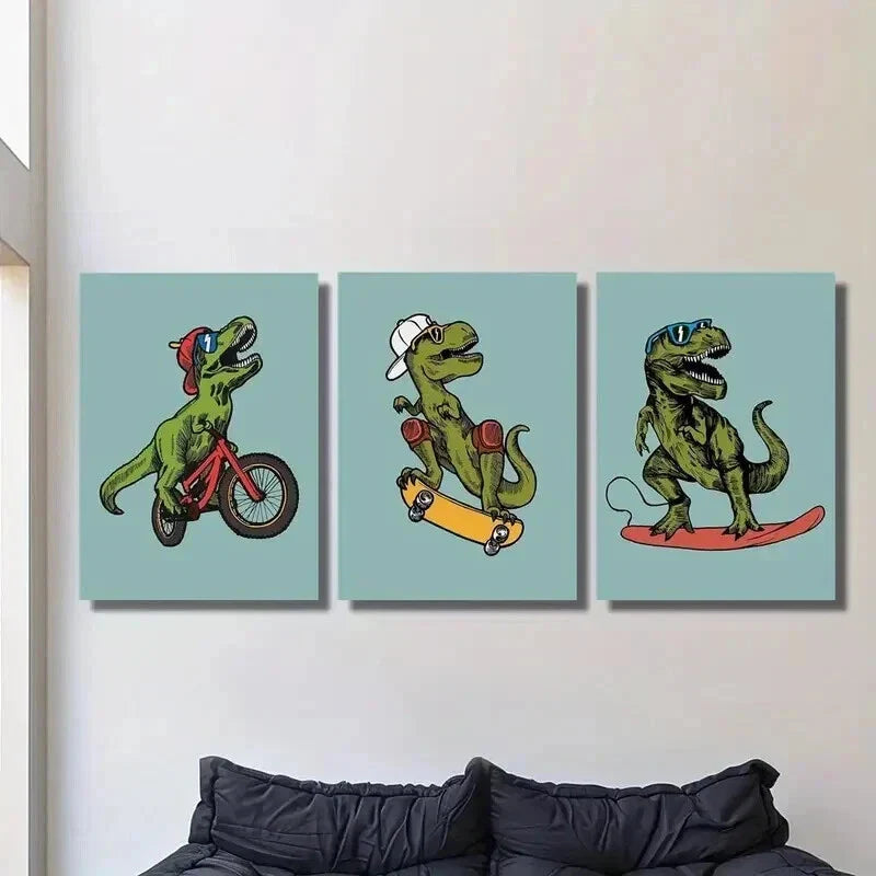 3pcs Tyrannosaurus Rex Skateboarding and Riding Wall Art Set Canvas Framed 40x60cm - High Quality Print 100% Australian Made Wall Canvas Ready to Hang