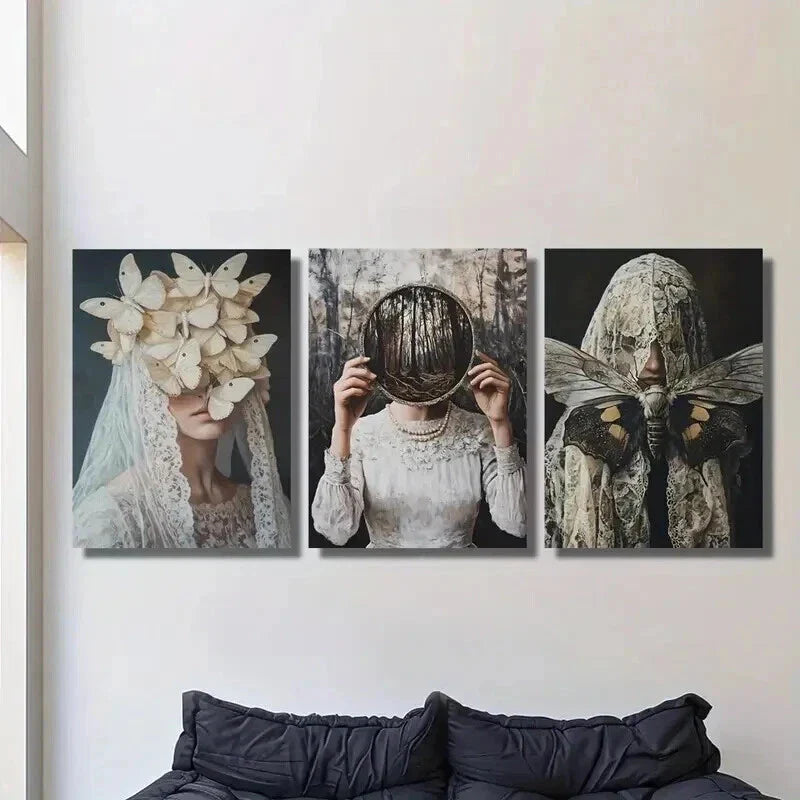 3pcs Illustrations of Women and Insects Wall Art Set Canvas Framed 40x60cm - High Quality Print 100% Australian Made Wall Canvas Ready to Hang
