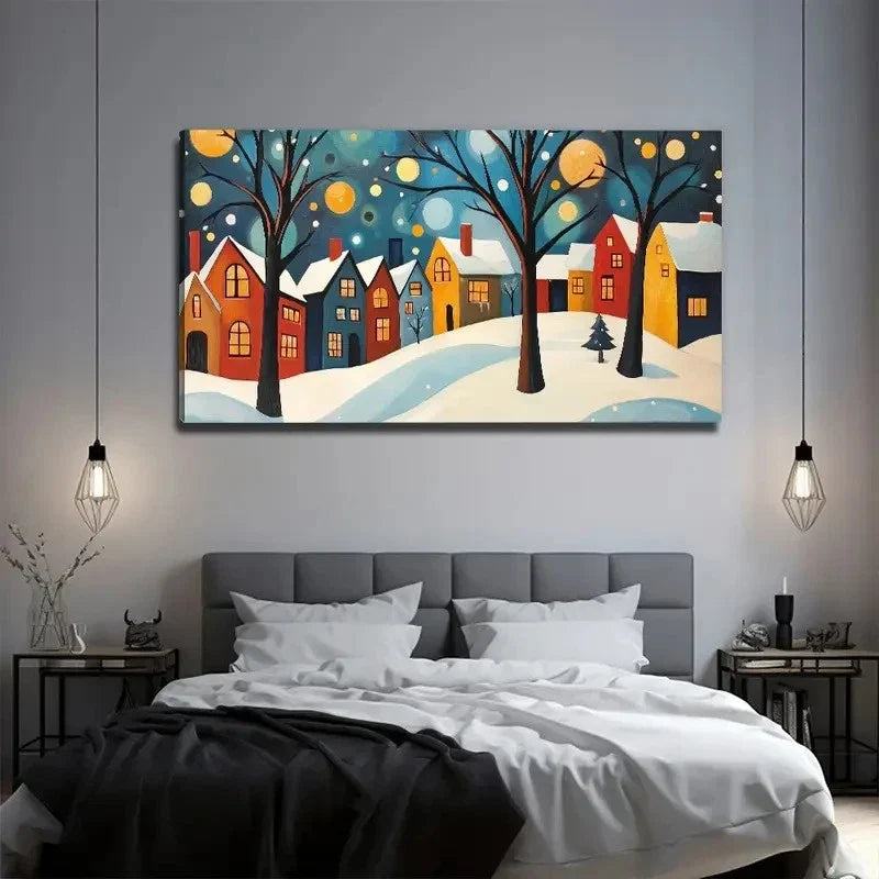 Snow Town Suitable Murals Wall Art Canvas Office Home Room Framed 120x60cm