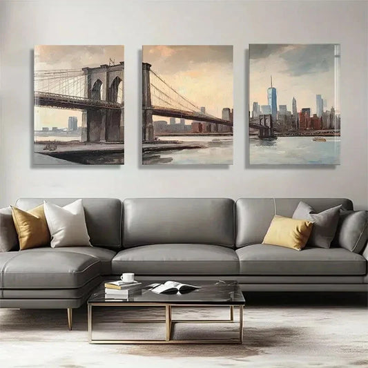 3pcs Skyline And Brooklyn Bridge Perfect Wall Art Set Canvas Framed 40x60cm - High Quality Print 100% Australian Made Wall Canvas Ready to Hang