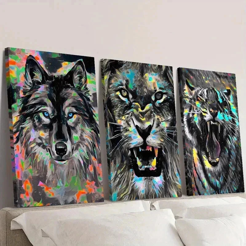 3pcs Wolf Lion and Tiger Head Portraits Wall Art Set Canvas Framed 40x60cm - High Quality Print 100% Australian Made Wall Canvas Ready to Hang