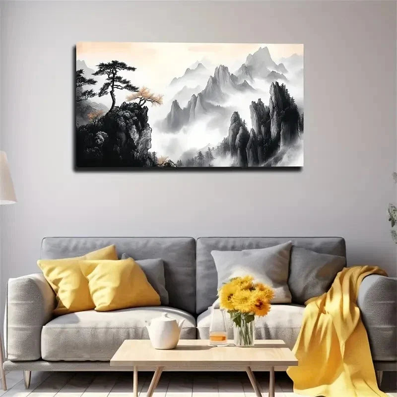 Branches & Misty Mountains Wall Art Canvas Office Home Room Framed 120x60cm