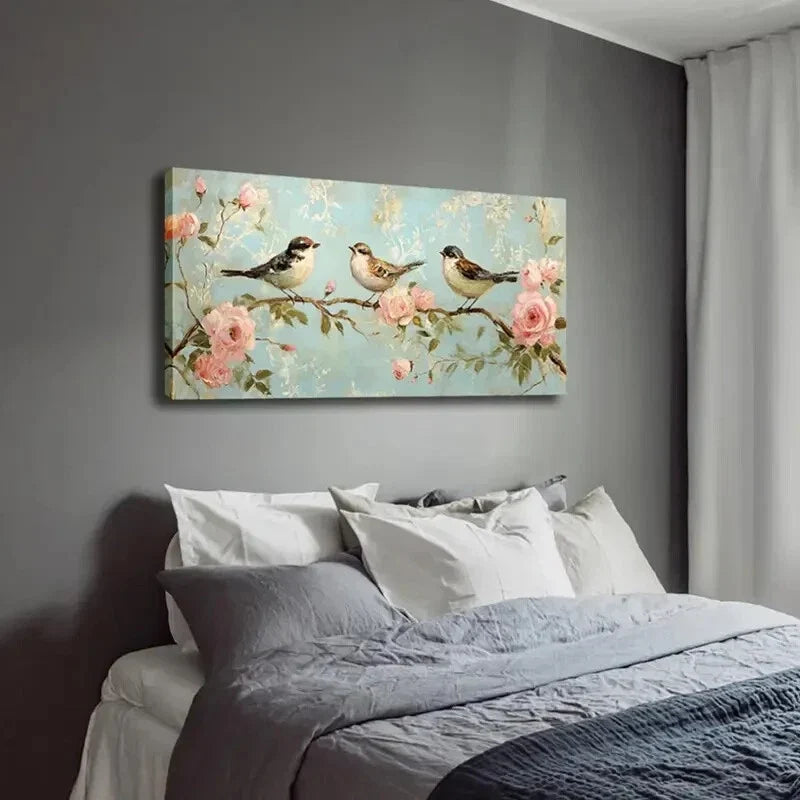 Birds on Pink Flower Branches Wall Art Canvas Office Home Room Framed 120x60cm
