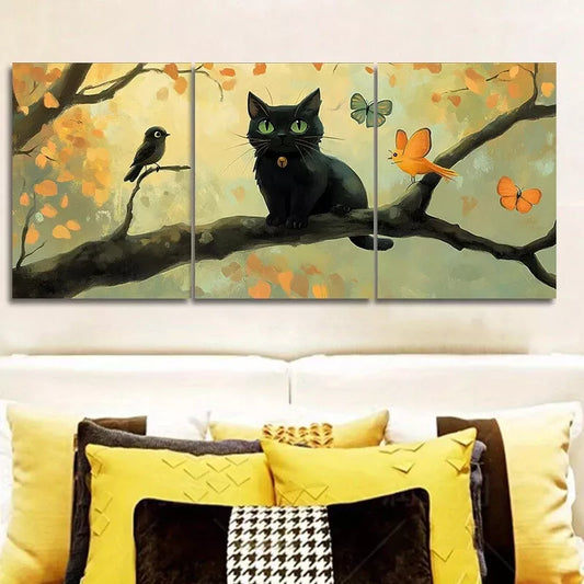 3pcs  Black Cat & Autumn Branch Design Wall Art Set Canvas Framed 40x60cm - High Quality Print 100% Australian Made Wall Canvas Ready to Hang