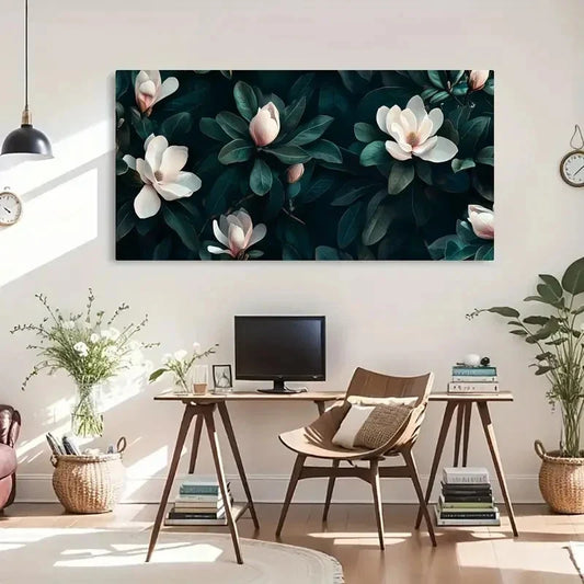 Elegant Floral Magnolia Dark cWall Art Canvas Office Home Room Framed 120x60cm