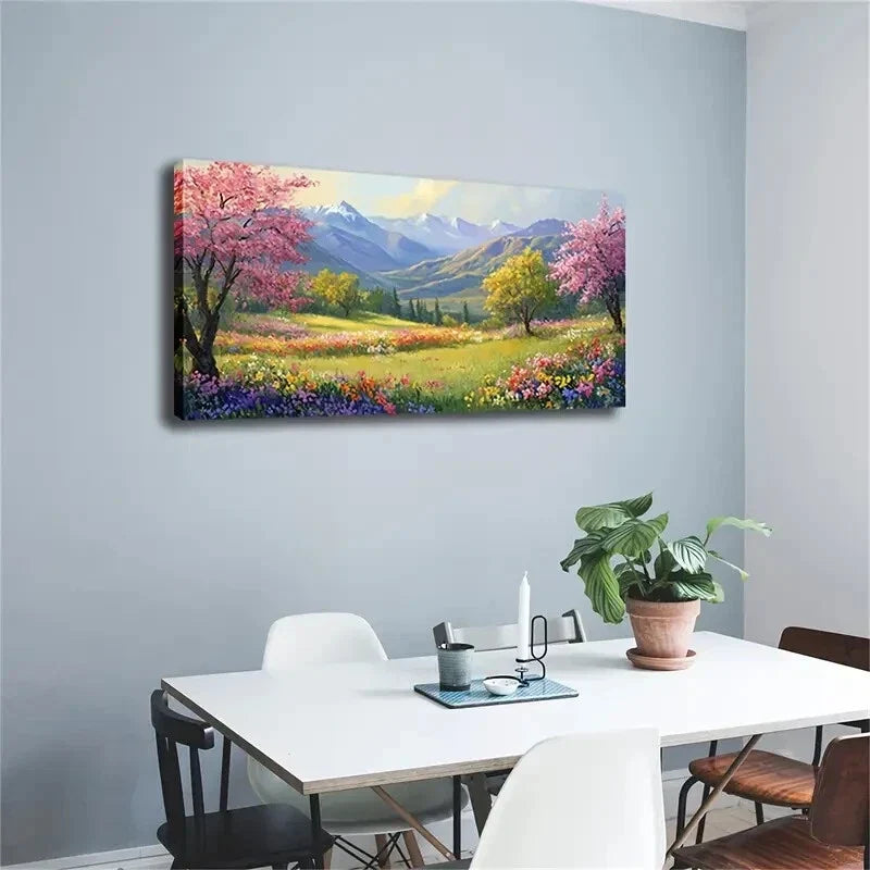 Blooming Flowers on Green Grass Wall Art Canvas Office Home Room Framed 120x60cm