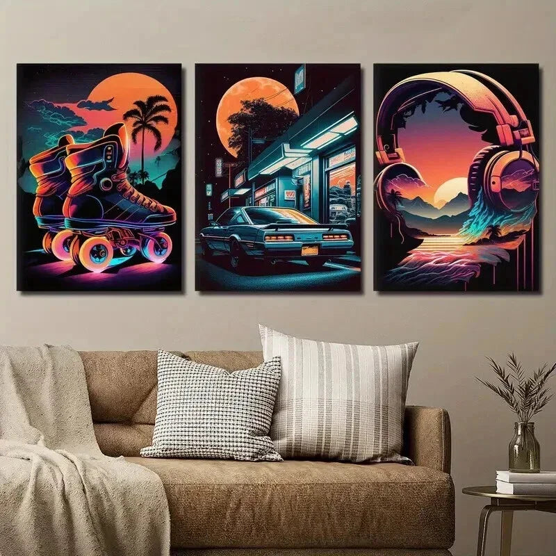 3pcs 80s Retro Synthwave & Cyberpunk Car Wall Art Set Canvas Framed 40x60cm - High Quality Print 100% Australian Made Wall Canvas Ready to Hang