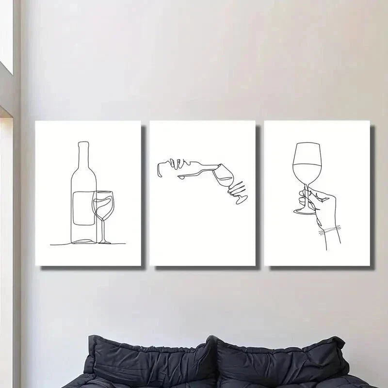 3pcs Minimalist Wine Bottle and Wine Glass Wall Art Set Canvas Framed 40x60cm - High Quality Print 100% Australian Made Wall Canvas Ready to Hang