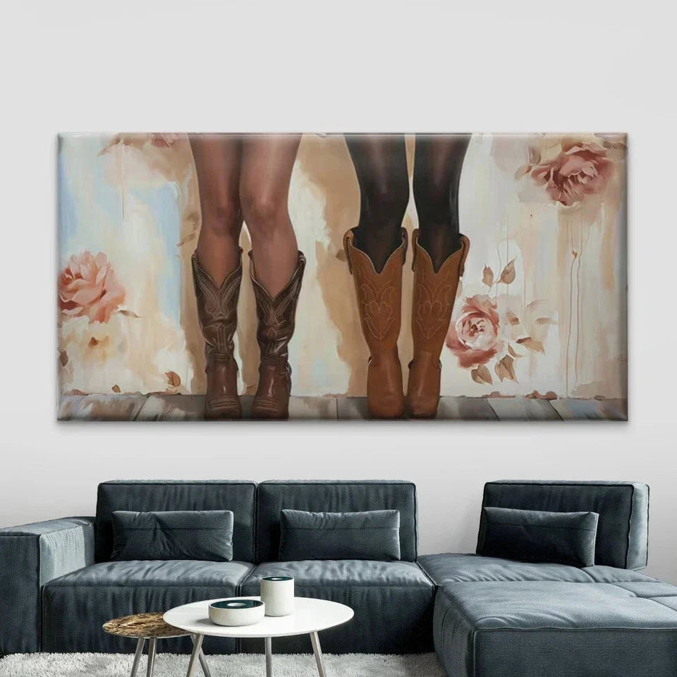 Cowgirl Boots & Western Floral Wall Art Canvas Office Home Room Framed 80x45cm