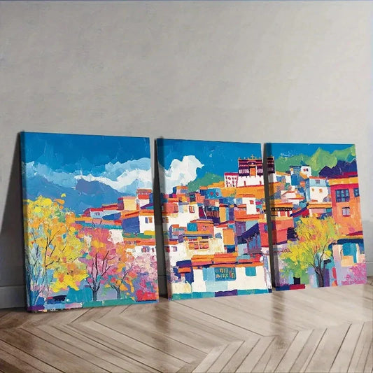 3pcs Buildings Along the Lhasa River Perfect Wall Art Set Canvas Framed 40x60cm - High Quality Print 100% Australian Made Wall Canvas Ready to Hang