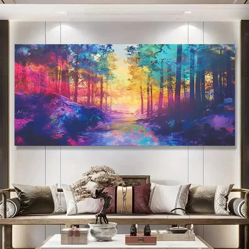 Vibrant Abstract Forest Land Wall Art Canvas Office Home Room Framed 120x60cm