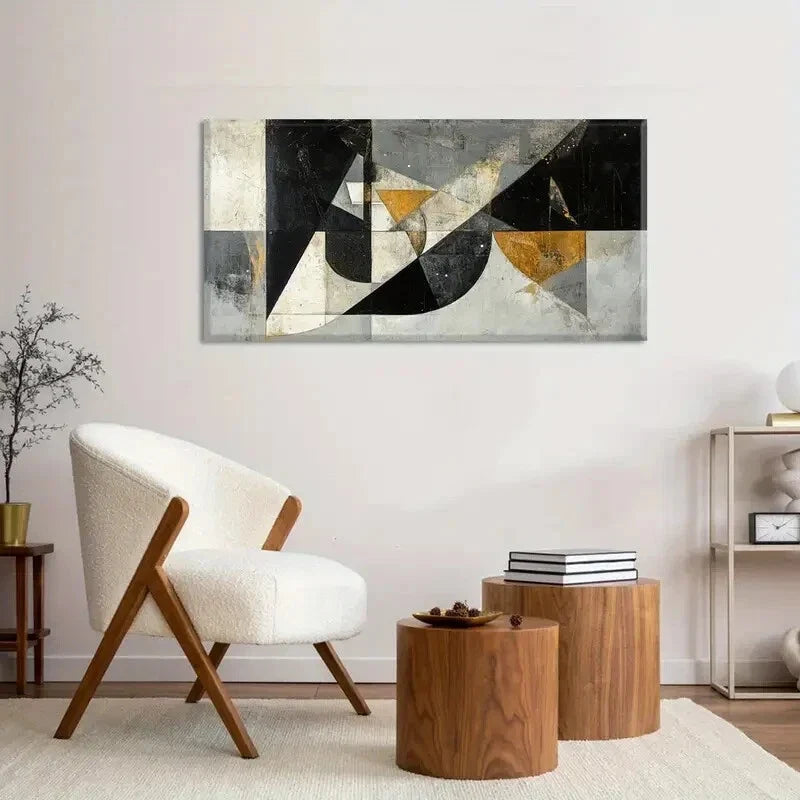 Golden Black & White Geometric Wall Art Canvas Office Home Room Framed 120x60cm