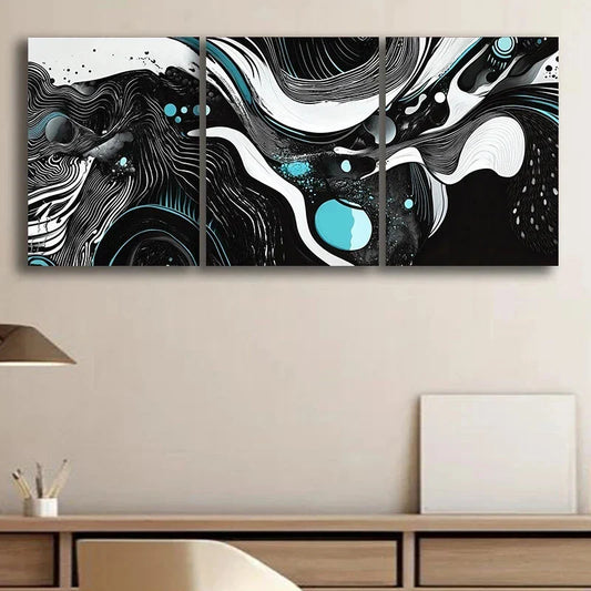 3pcs Black White Swirl Light Blue Metal Print Ready to Hang Art