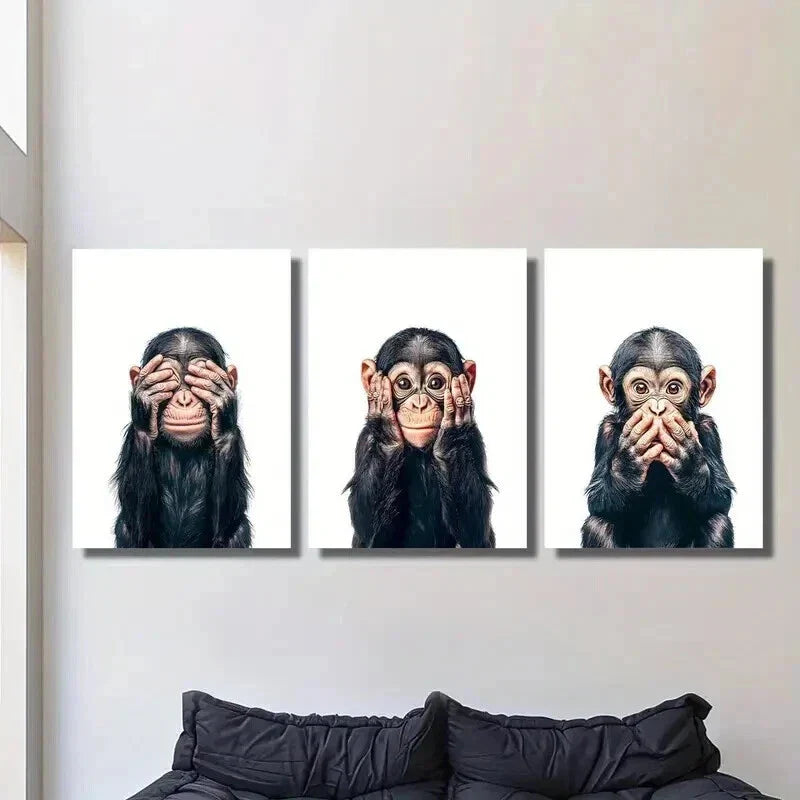 3pcs Playful Chimpanzee Expressions Wall Art Set Canvas Framed 40x60cm - High Quality Print 100% Australian Made Wall Canvas Ready to Hang
