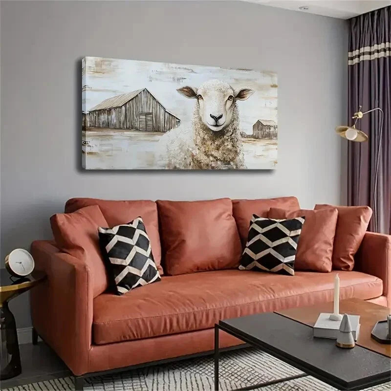 Rustic Sheep at the Gate Design Wall Art Canvas Office Home Room Framed 120x60cm