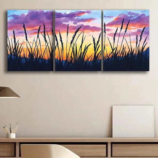 3pcs Sunset Silhouette Colourful Grass Metal Print Ready to Hang Art