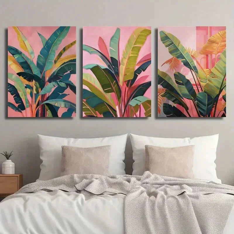 3pcs Tropical Leaves on Pink Background Wall Art Set Canvas Framed 40x60cm - High Quality Print 100% Australian Made Wall Canvas Ready to Hang