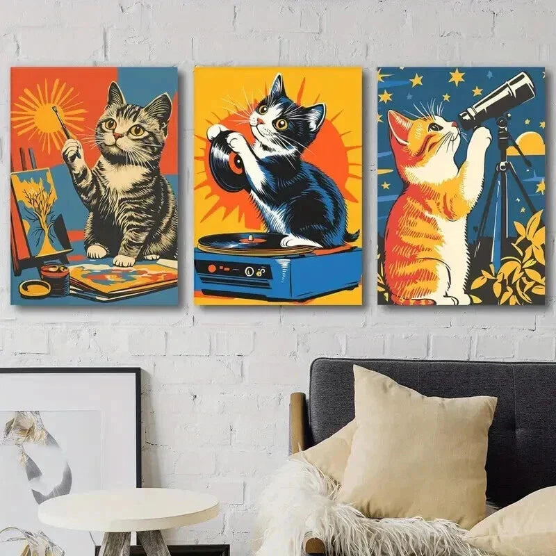 3pcs DJ Cat Astronomy Cat Sunrise Cat Wall Art Set Canvas Framed 40x60cm - High Quality Print 100% Australian Made Wall Canvas Ready to Hang