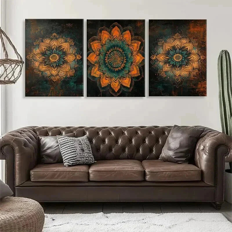 3pcs Mandala Flower Floral Mandala Teal Perfect Wall Art Set Canvas Framed 40x60cm - High Quality Print 100% Australian Made Wall Canvas Ready to Hang