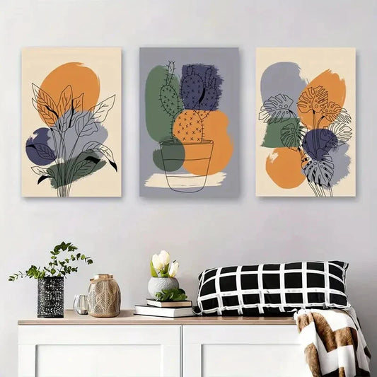 3pcs Monstera and Greenery with Abstract Metal Print Ready to Hang Art