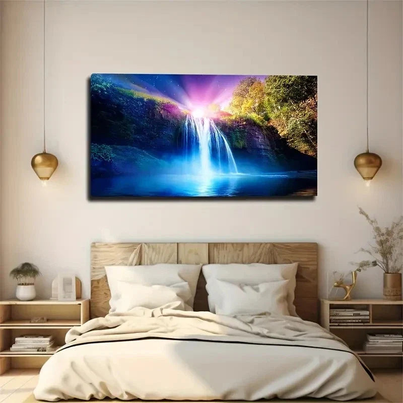 Vibrant Landscape Waterfall Wall Art Canvas Office Home Room Framed 80x45cm