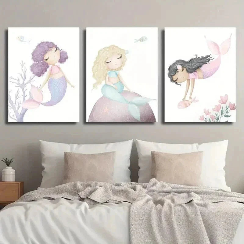 3pcs Mermaid with Long Flowing Hair Wall Art Set Canvas Framed 40x60cm - High Quality Print 100% Australian Made Wall Canvas Ready to Hang